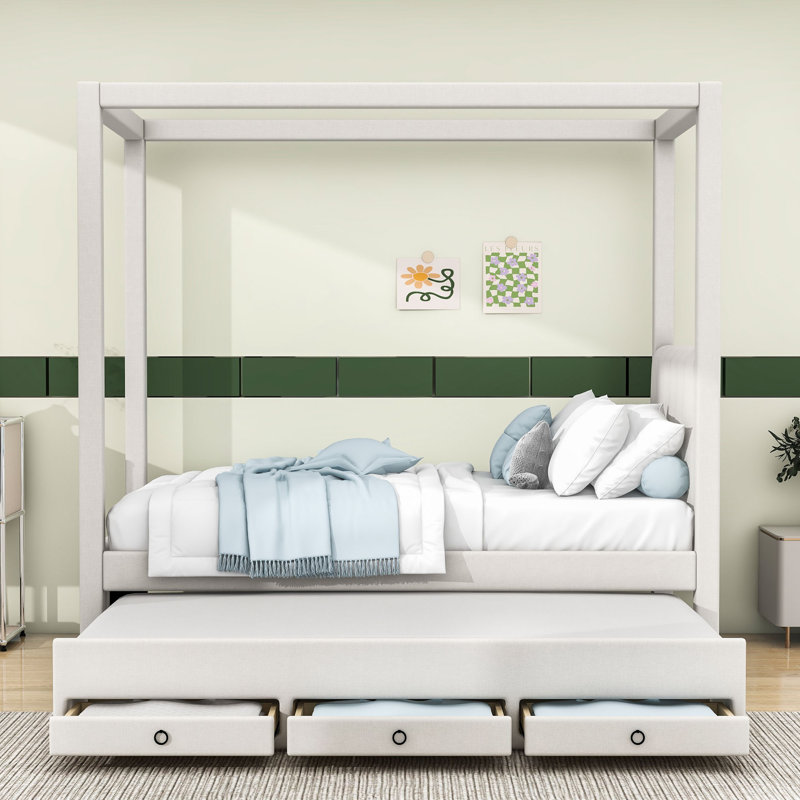 Lit plateforme à baldaquin en bois avec tiroirs et lit gigogne simple, Beige, Simple