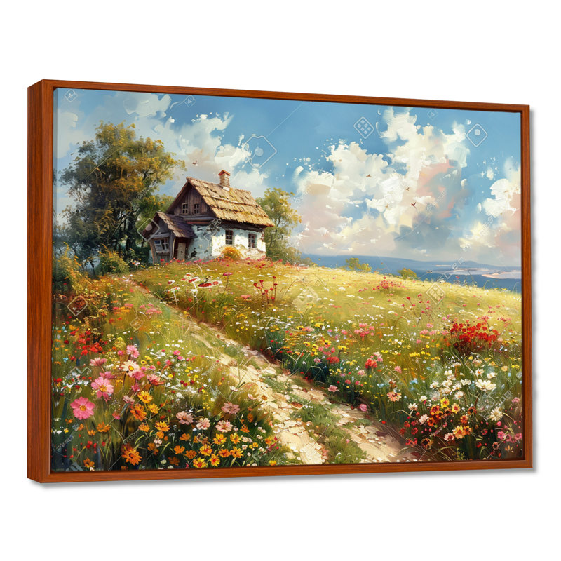 «White Country House In Flower Meadow», impression d'art mural paysage, Toile avec cadre flottant brun