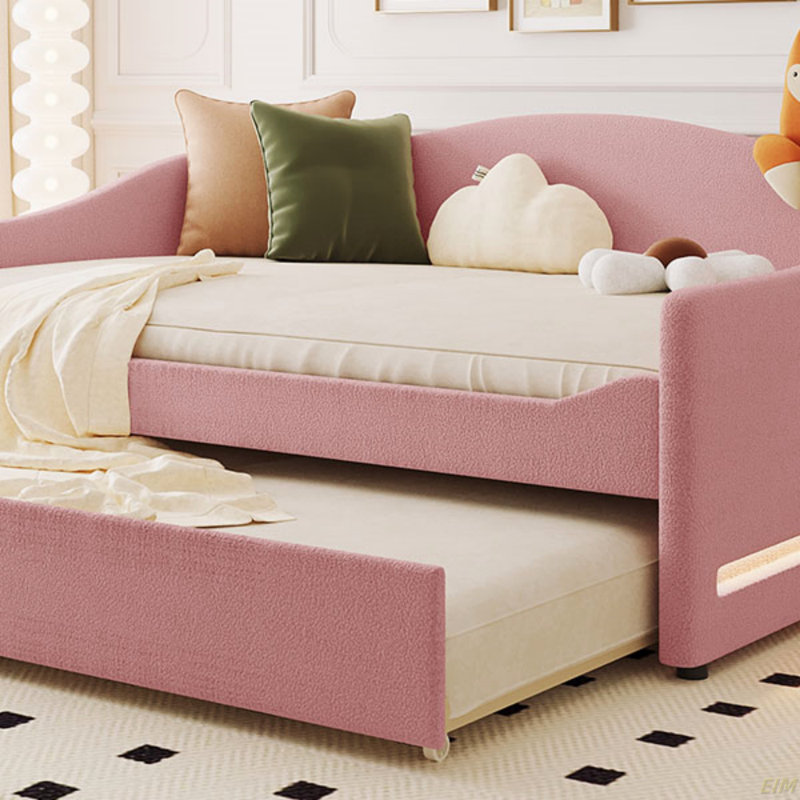 Teddy Fleece Upholstered Daybed With Light And Trundle (Daybed), Full, Pink