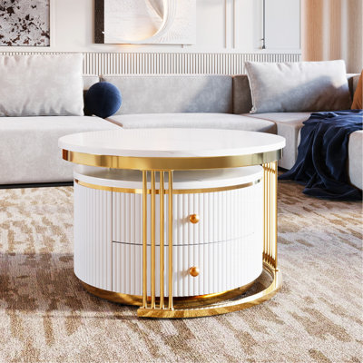 Table basse gigogne moderne 2 pièces avec 2 tiroirs et pieds dorés