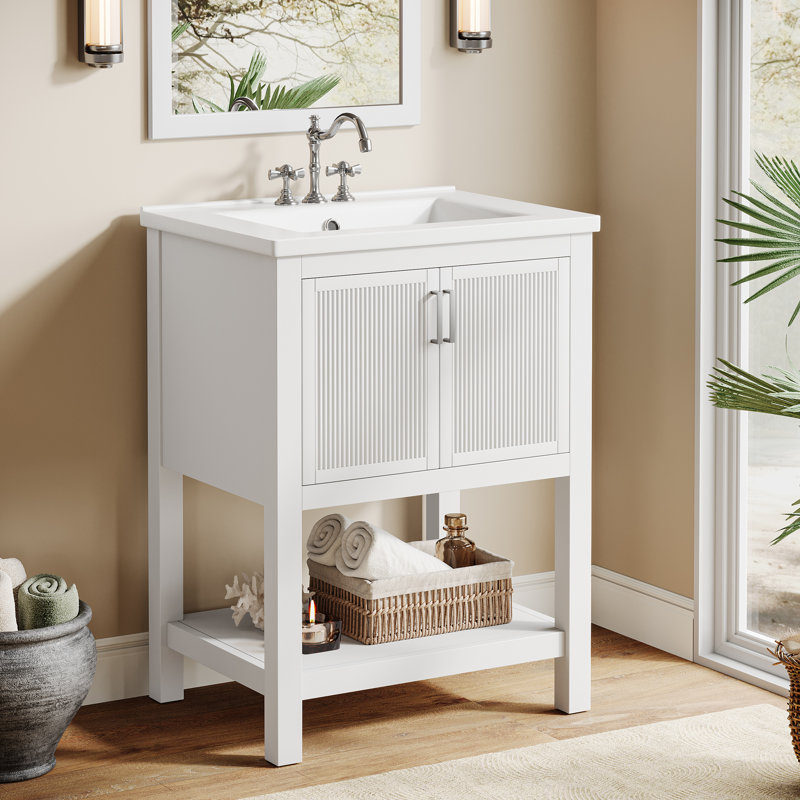 24'' Single Bathroom Vanity With Ceramic Top, Solid Wood Frame Freestanding Vanity with Door Organizer, White/Silver, 24", 2