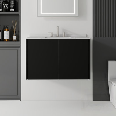 Meuble-lavabo flottant avec lavabo, porte à fermeture douce, comptoir et dosseret en marbre de culture blanc granit, contreplaqué