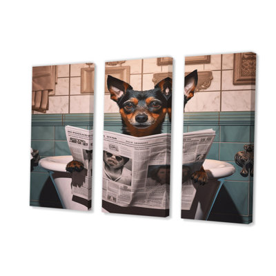 " Dog Reading Newspaper on Toilet III " 3 Piece Art Mixed Media Print