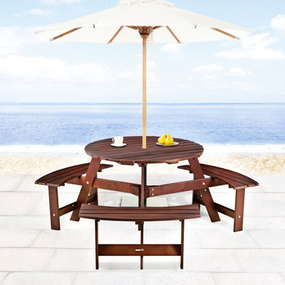 Table de pique-nique d'extérieur pour 6 personnes - 3 bancs encastrés, trou de parasol, banc de salle à manger brun, meubles imperméables