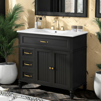 Meuble-lavabo moderne noir avec rangement, armoire en bois d'acacia et lavabo en céramique