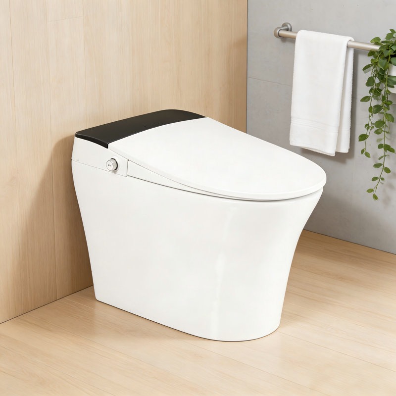 Toilette intelligente une pièce à siège chauffant, chasse d'eau sans réservoir avec capteur de pied, blanc