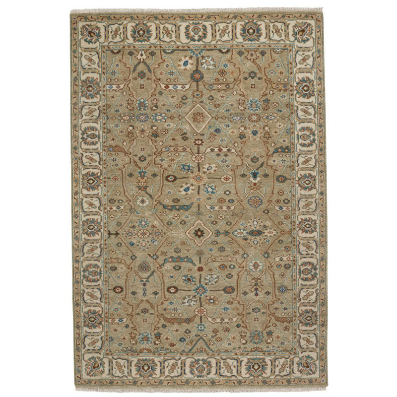 Sarah Hand-Knotted Wool Green Beige Area Rug, Rectangle 9' x 12'