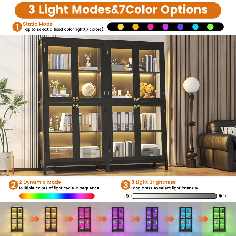 Glass Display Cabinet with LED Lights, 7-Color Lighting & 4 Shelves, Black