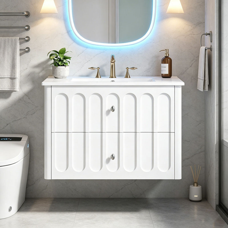 Meuble-lavabo de salle de bain flottant 30 po avec poignées ovales et bord arrondi, Blanc