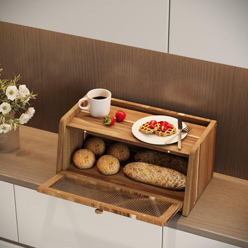 Boîte à pain pour comptoir de cuisine en bois d'acacia avec fenêtre en acrylique Contenant à pain grande capacité