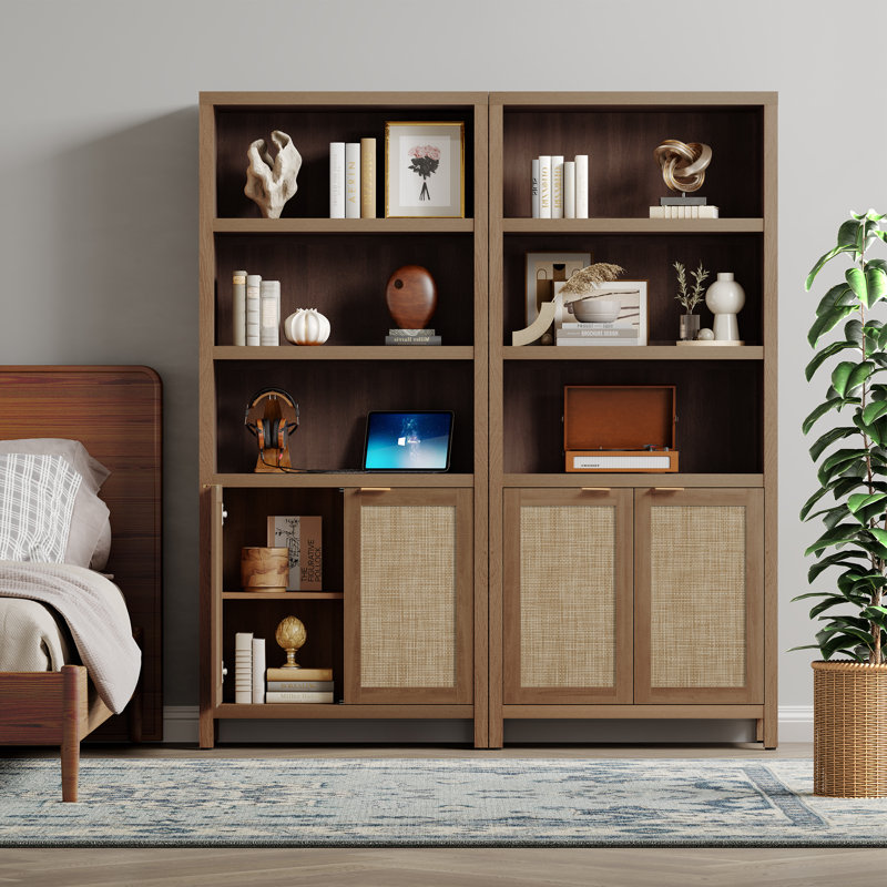 Bibliothèque en rotin d'inspiration bohémienne avec armoire de rangement et tablettes réglables, Brun, 2
