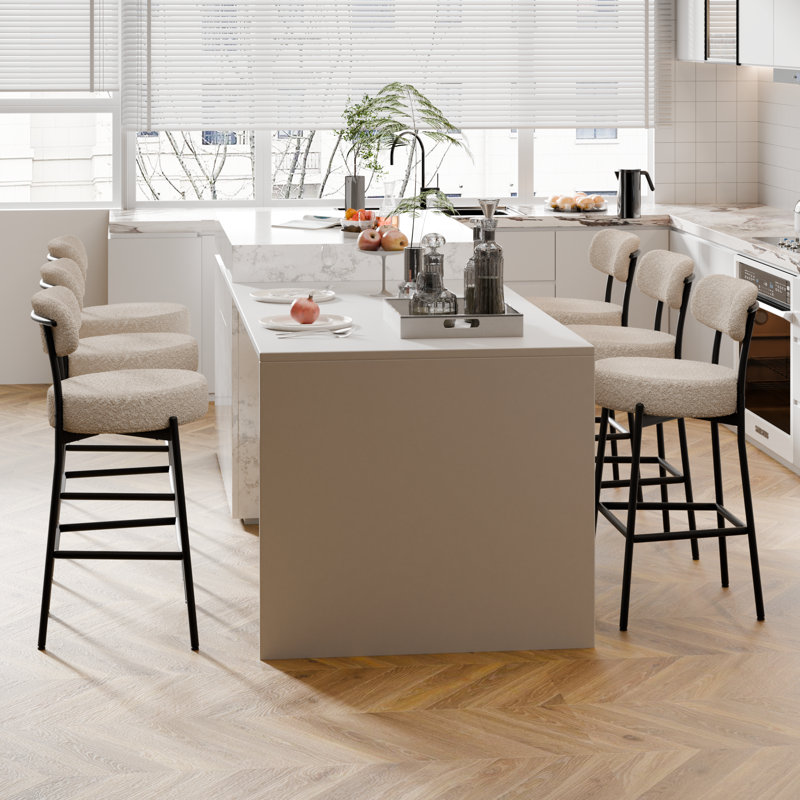 Sherpa Counter Height Bar Stools Set of 4 Modern Upholstered Barstools with Curved Open Back/Round Seat Boucle Comfortable Bar Chairs for Kitchen Island, 24.6 Inch