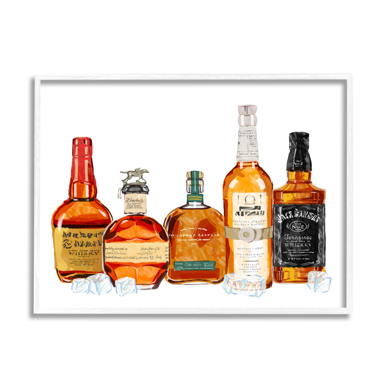 «Whiskey Bottles & Ice Cubes», impression encadrée sur bois, H 24 po x l 30 po x P 1,5 po, Giclée encadrée blanc bord de mer