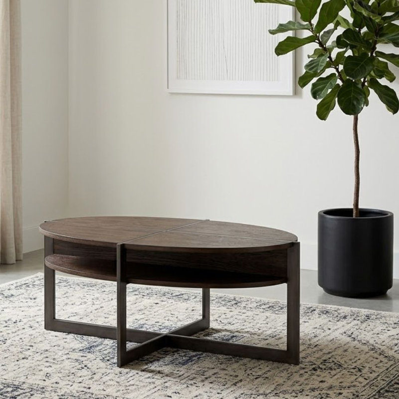Benilda Table basse ovale en bois de chêne foncé avec tablette ouverte et base en X