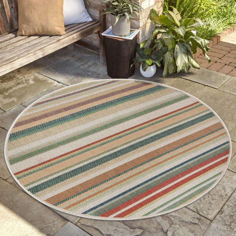 Tapis intérieur / extérieur rayé beige / vert / rouge Dimesford, Rond 7 pi 1 po