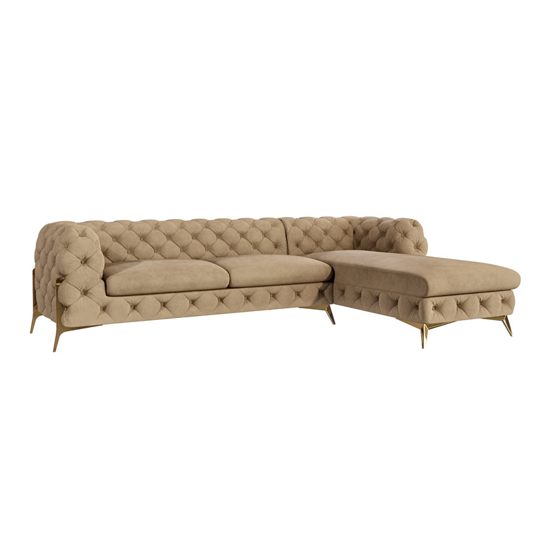Corner Chaise Chesterfield Sofa  with Gold Metal Legs, Beige, Right Hand Facing