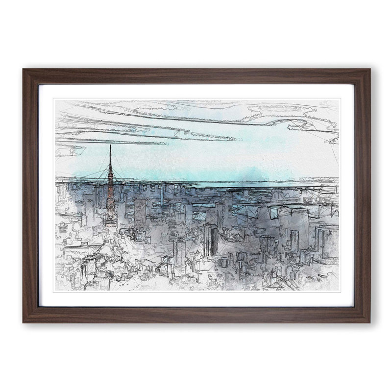 Tokyo Tower & Japan Skyline in Abstract - Picture Frame Graphic Art Print, 35cm H x 50cm W x 2cm D, Walnut