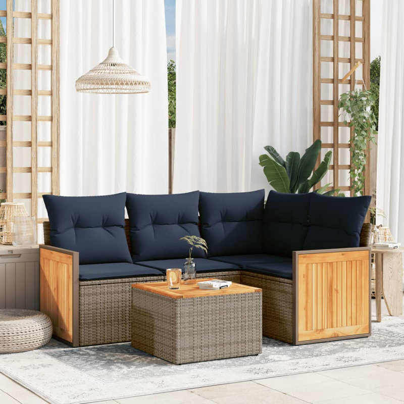  Ensemble de canapé de patio 5 pièces avec coussins en rotin de polyester gris