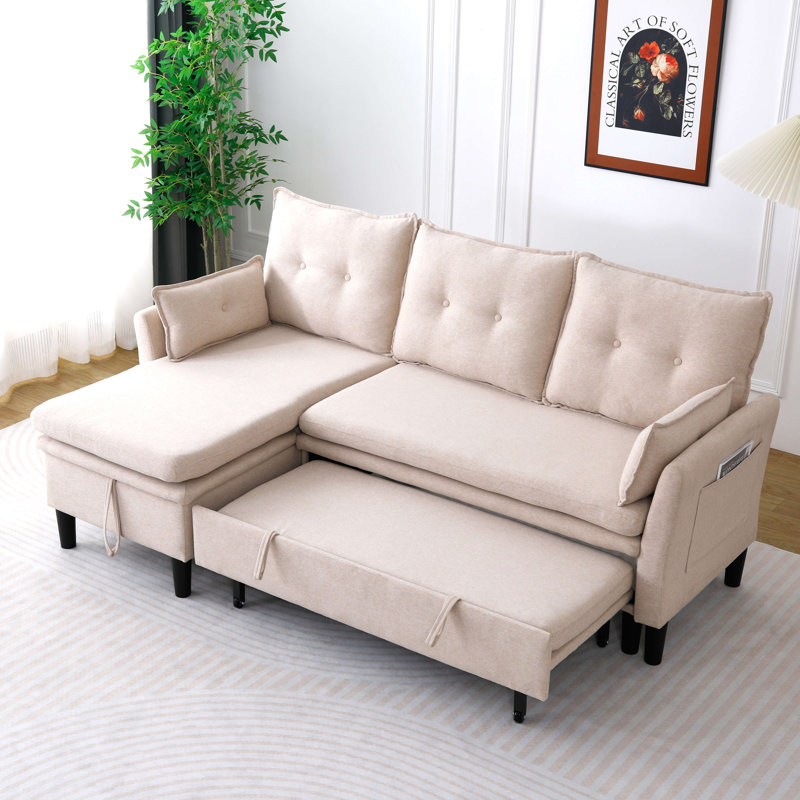 Canapé d'angle réversible en forme de L avec méridienne et rangement - Coton-Lin, Beige