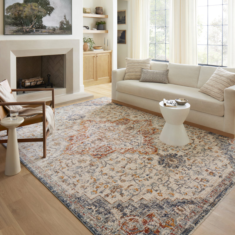 Sorrento Oriental Machine Made Power Loom Polyester Area Rug in Ivory/Fiesta, Rectangle 5'3" x 7'6"
