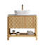 Meuble-lavabo 36 po, armoire de rangement autoportante en contreplaqué avec 2 portes en bambou texturé et tablette ouverte, vasque en céramique à motif marbré et plateau en pierre frittée blanc de Carrare-56931504-56931511