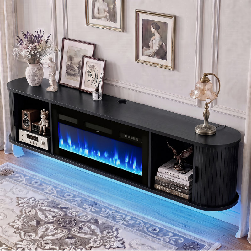 Meuble télé noir 80 po avec foyer électrique de 36 po, console Mid-Century moderne avec contrôle RVB, console multimédia cannelée avec tablettes ouvertes pour téléviseurs de 85 po ou moins