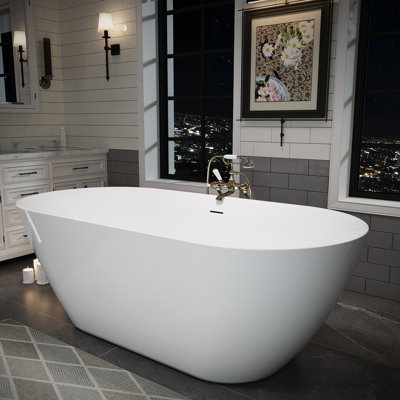 63" Acrylic Freestanding Bathtub, Deep Soaking With Stainless Steel Brackets, Non - Porous Finish For Maintenance With Integrated Overflow And Scratch Surface, Ideal Home Bathing