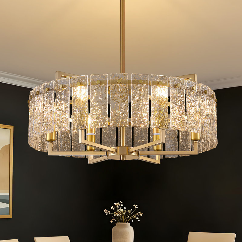 Friedhardt 6-Light Dimmable Drum Chandelier with Textured Glass, 9.44" H × 23.62" W × 23.62" D, Gold