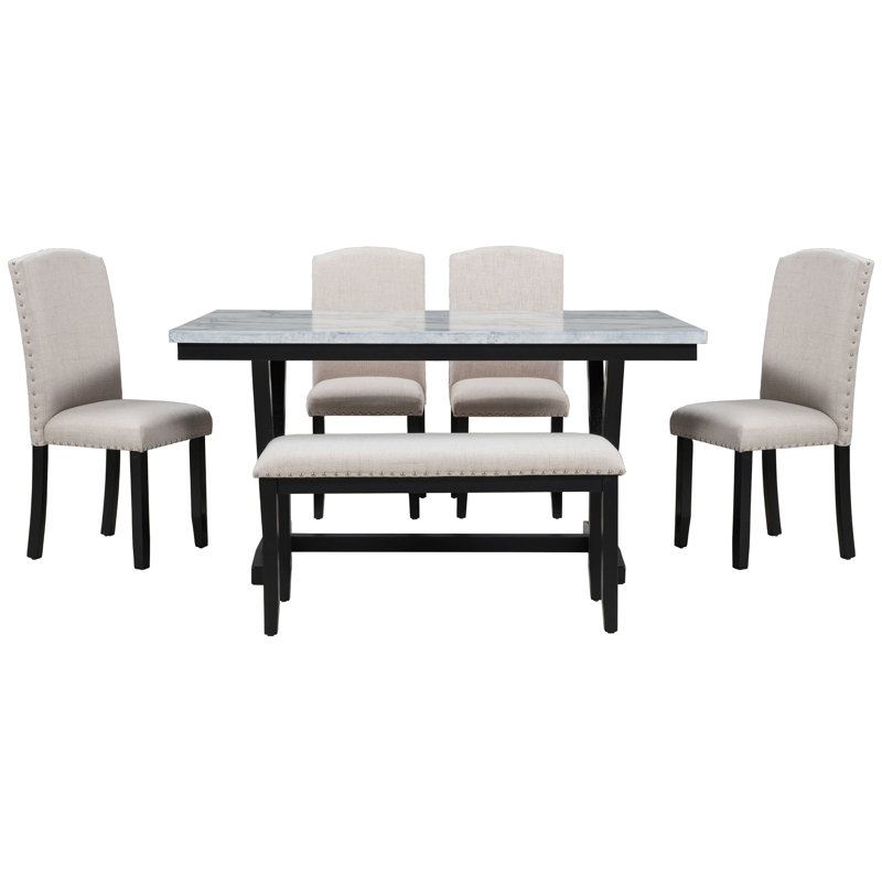 Table de salle à manger de style moderne 6 pièces avec 4 chaises et 1 banc, table avec placages marbrés et pieds en V