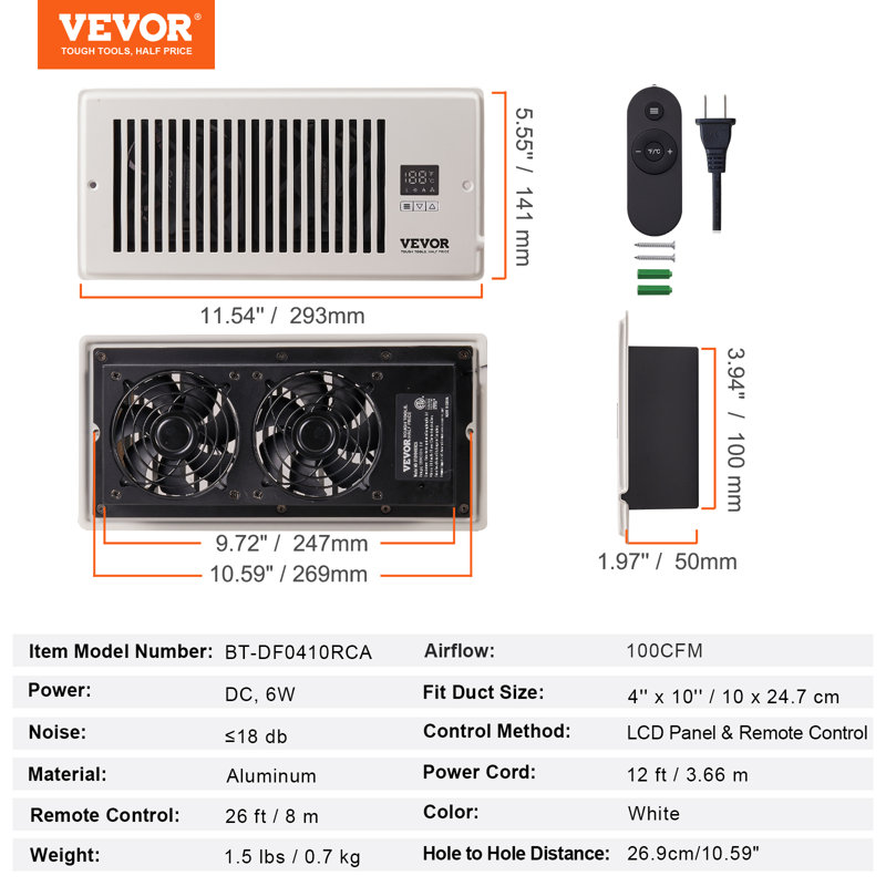Ventilateur mural blanc avec télécommande incluse VEVOR, H 5,55 po x l 11,54 po x P 1,97 po, Blanc