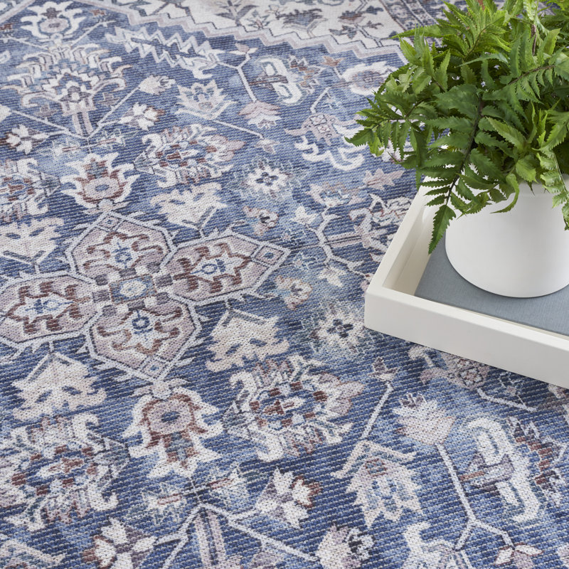Polyester floral lavable à la machine / coton ivoire / bleu marine, Tapis de couloir 2 pi x 6 pi