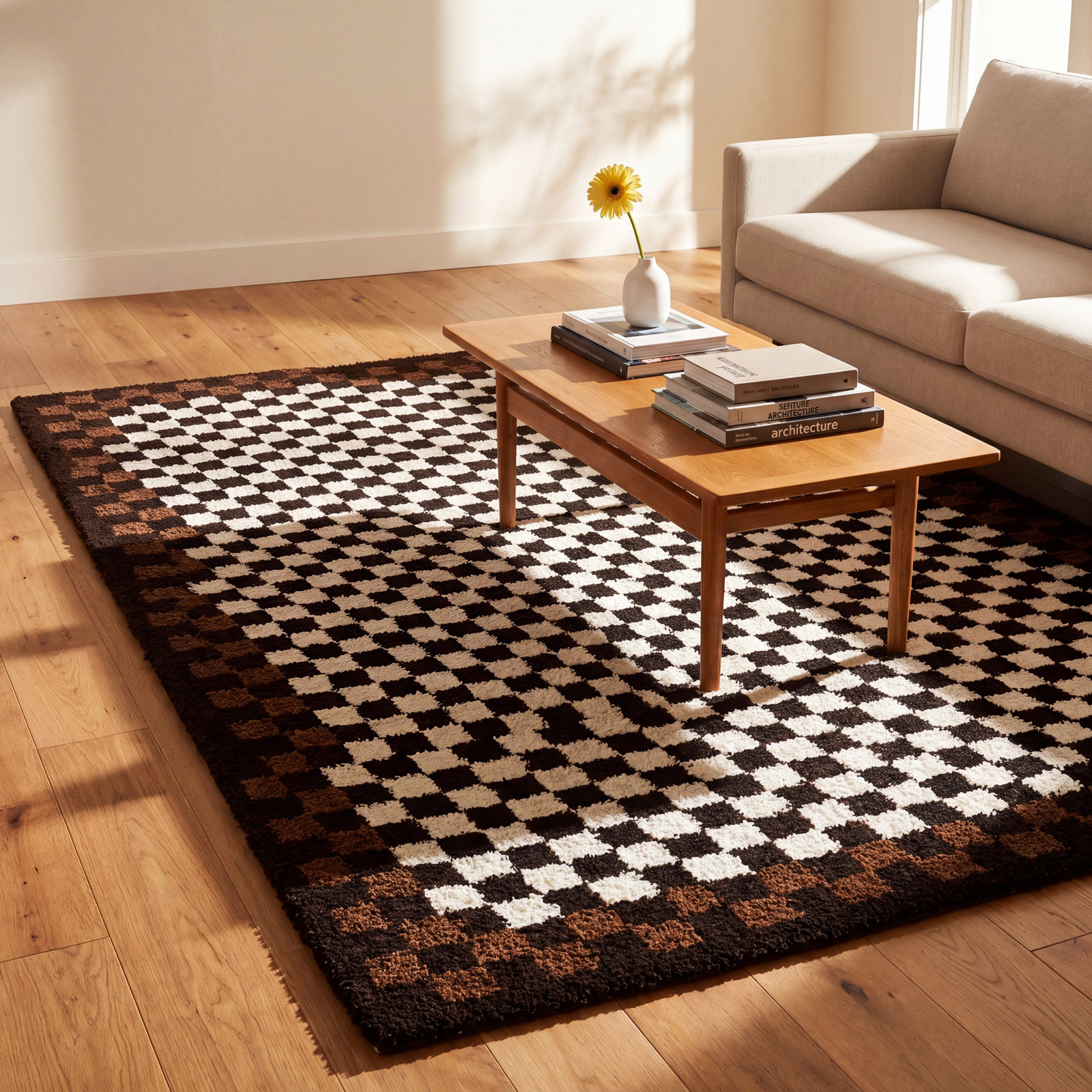 Joshuah Brown Cream Checkered Shag Rug, Rectangle 7'10" x 10'