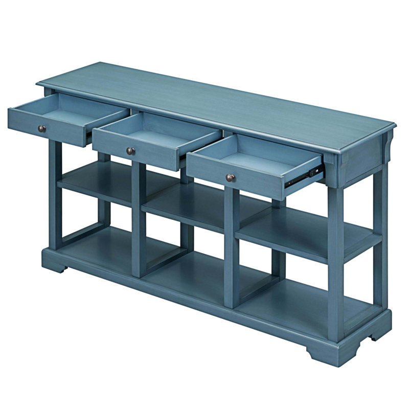 Console rétro avec grand rangement, tablettes ouvertes et tiroirs pour le salon, Bleu marine