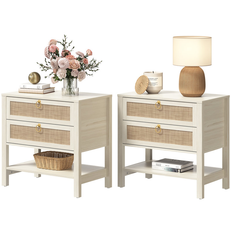 Pomodoro Rattan Nightstand With 2-Drawer And 1 Open Shelf, White, Set of 2