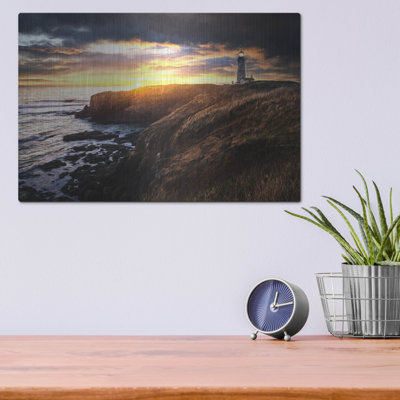 «Coucher de soleil à la peinture à l'huile du phare de la tête de Yaquina» par Rick Berk, art mural en métal