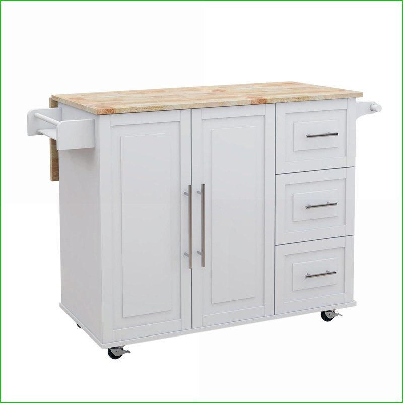 Îlot de cuisine avec plateau en bois massif extensible, support à épices et amp; Porte-serviettes | Blanc | Panneau de fibres à densité moyenne E1