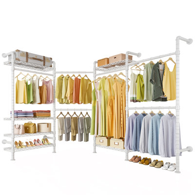 Timate L4 L-Shaped Heavy-Duty Garment Rack, Industrial Pipe Closet System with Expandable Design, Wall-Mounted Corner Wardrobe Kit ,White