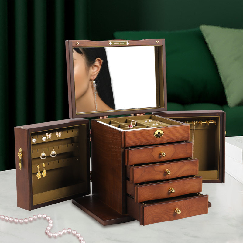 5 Layer Wooden Jewellery Box with Mirror and Combo Lock Vintage Style
