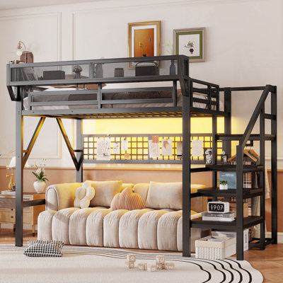Grand lit mezzanine avec escalier, grand lit mezzanine en métal avec éclairage et rangement, lit mezzanine haut avec garde-robe et rangement pour enfants, adolescents et adultes