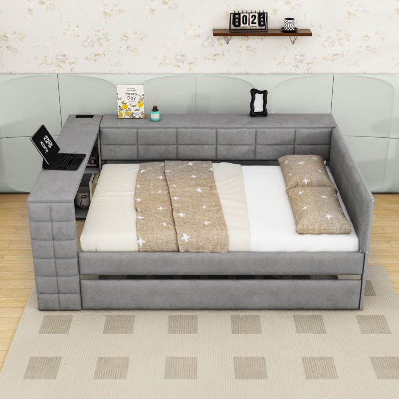 Upholstered Full Wood Platform Bed with Twin Trundle, Shelves, Desk and Charging Station, Gray