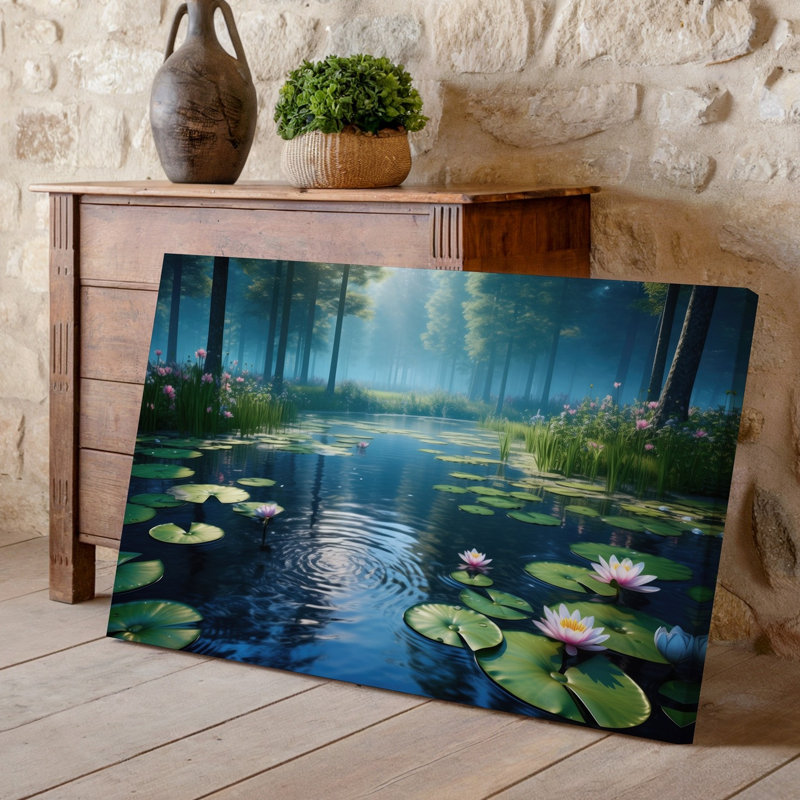 Toile, "A Serene Forest Scene At Dawn" mettant en vedette un étang tranquille, art mural entouré de verdure luxuriante et de fleurs vibrantes