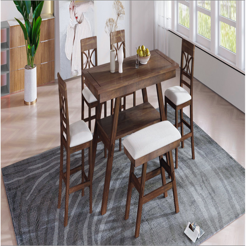 Ensemble de table de salle à manger 6 pièces à hauteur de comptoir en bois avec tablette de rangement, ensemble de table de cuisine avec banc et 4 chaises, style rustique