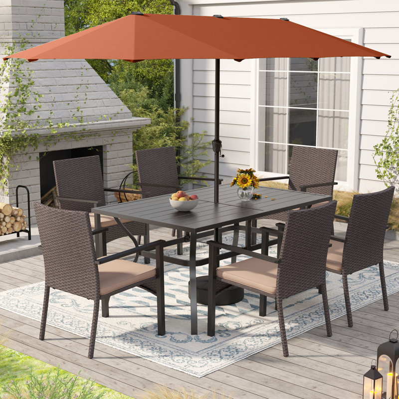 Rectangular Metal 6-People Patio Dining Set With Umbrella And Cushions, Orange