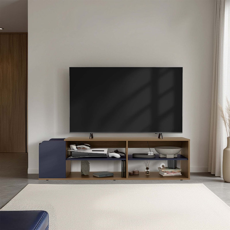 Meuble télé Solene avec tablettes ouvertes pour rangement moderne et console multimédia, idéal pour l'organisation du salon et l'esthétique