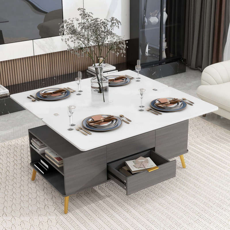 Table basse à plateau relevable moderne avec tiroirs Modern, Gris/doré