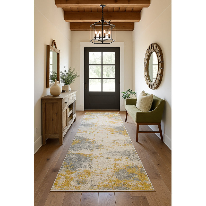 Rug Branch Solenne 2' x 20' (2'3" x 20') Gold/Grey Abstract Indoor Runner Rug, Contemporary, Medium Pile, Stain-Resistant Hallway Carpet - Entryway, Mudroom, Bedroom, and Kitchen