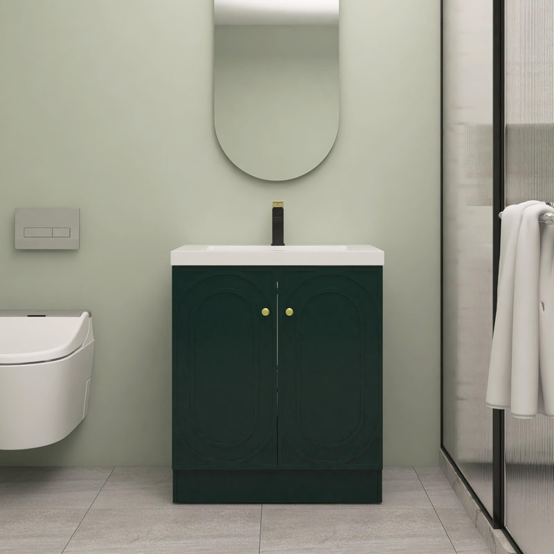 Meuble-lavabo autoportant de 30 po avec lavabo en résine blanche et 2 portes d'armoire à fermeture en douceur, Vert, Doré