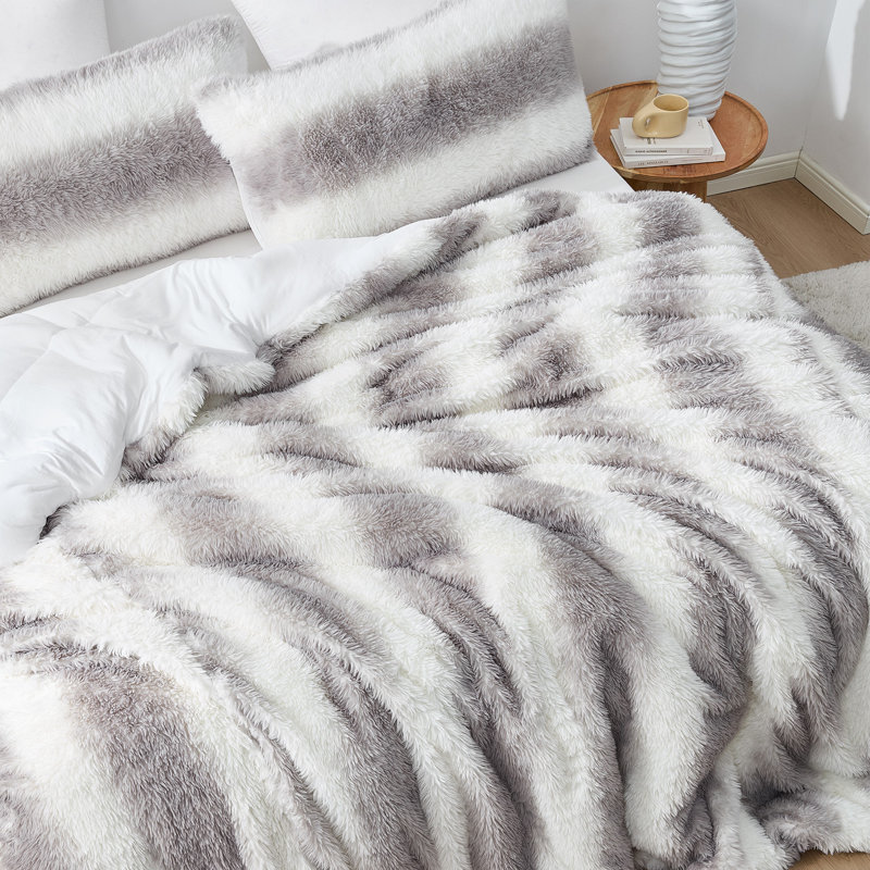 King White and Gray Faux Fur Comforter Set