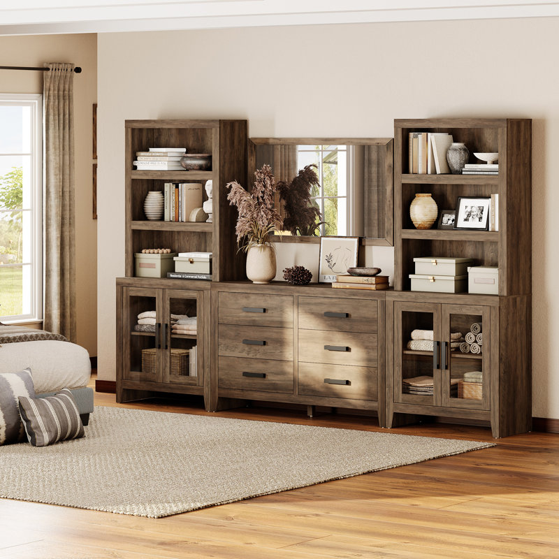 Entertainment Center With Bookshelves, Farmhouse TV Stand For 75 Inch TV, Wood Media Console With Glass Doors And 6 Storage Drawers For Living Room, Bedroom,Brown