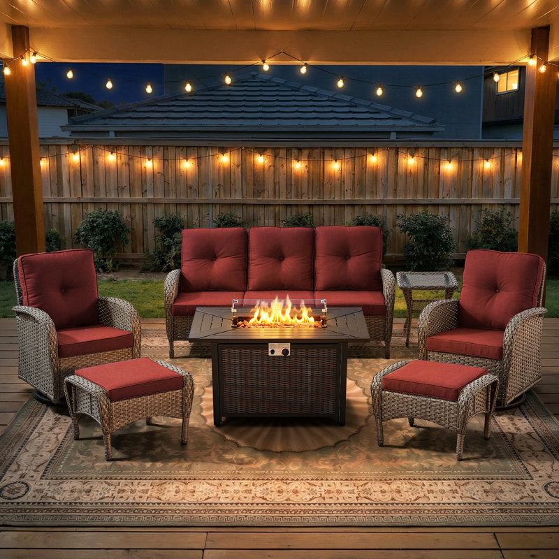 7-Piece Outdoor Patio Wicker Relaxed Fire Pit Set With Swivel Chairs And Ottomans, Red